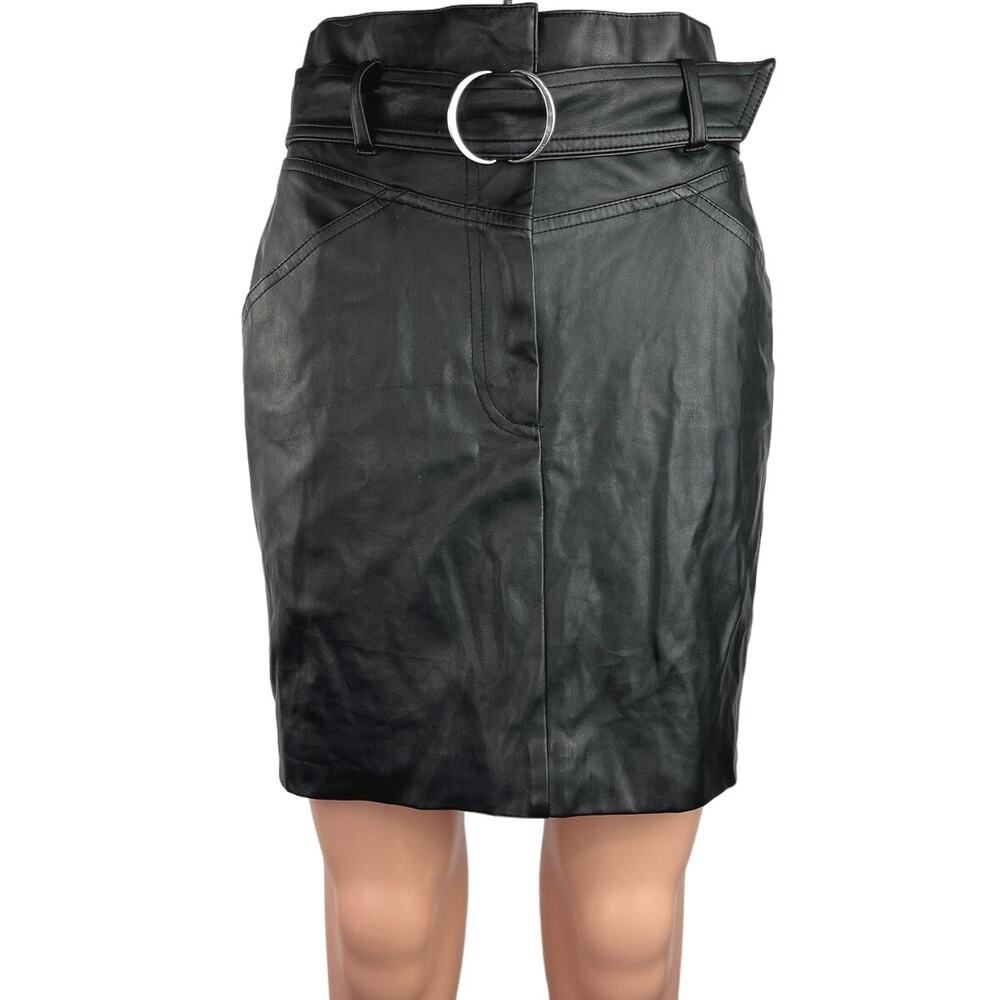H&M Black Vegan Faux Leather Belted Pockets Paperbag Mini Pencil Skirt Size 4